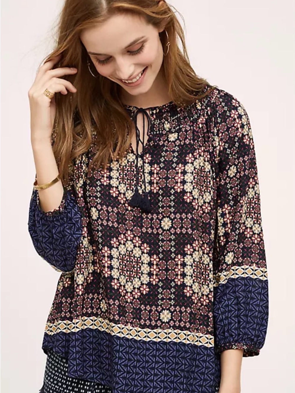 Anthropologie 11â˘1â˘TYLHO Kay-Navy Multi Boho Floral Tie-Front Peasant Blouse